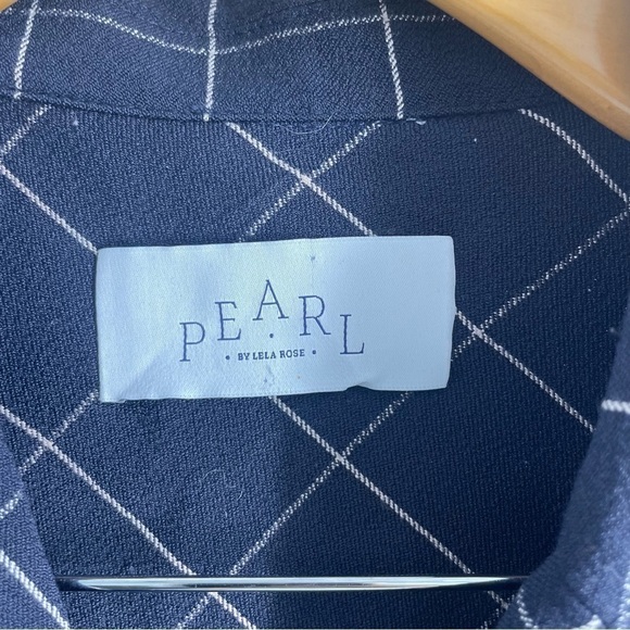 PEARL Lela Rose Navy Blue Checkered Plaid Long Sleeve Collared Minimal Jumpsuit - Picture 3 of 13